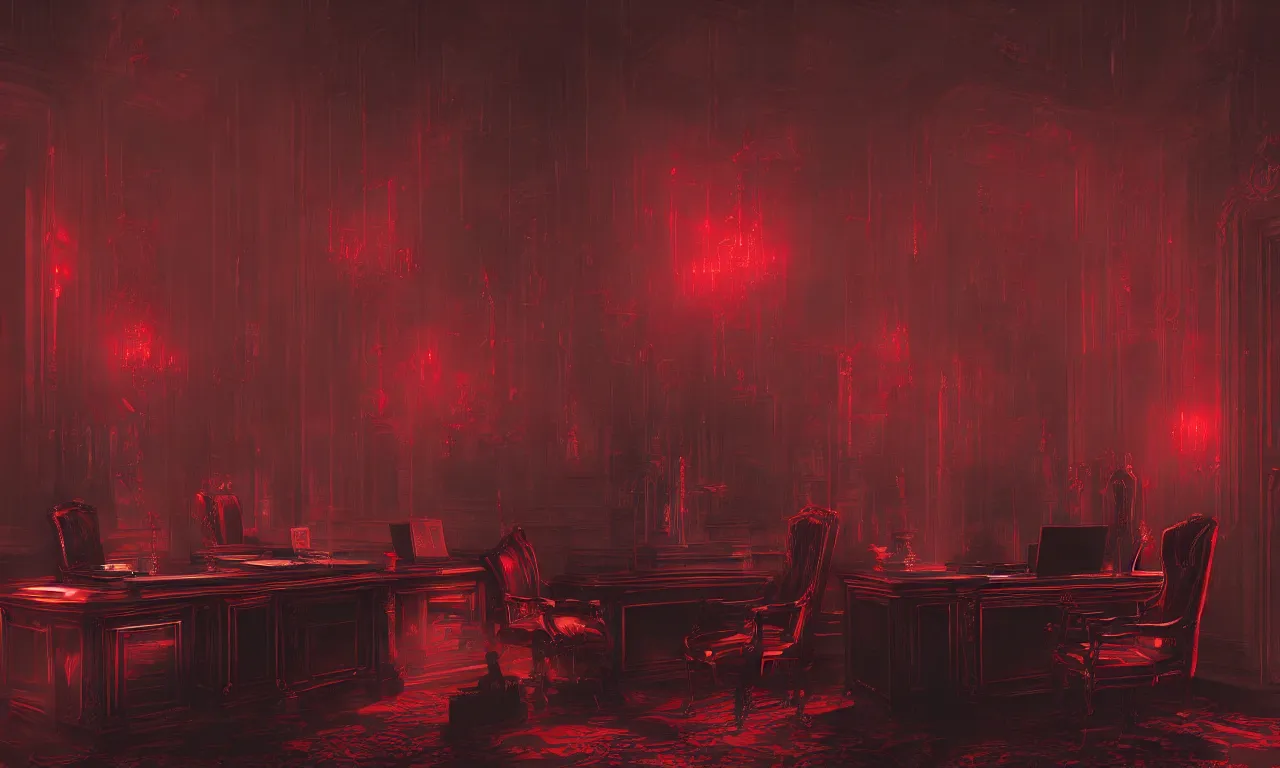 Image similar to demonic executive office with high back chair with onyx finishes, by asher brown durand, trending on artstation, 8 k resolution, red lights, cyberpunk, demonic symbols