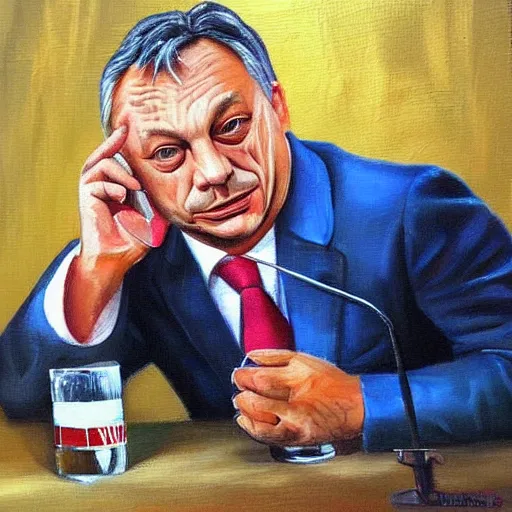 Image similar to viktor orban after many beers, anatomically correct, oil painting, highly detailed