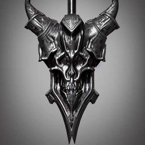 Image similar to a black sword skull crest, ornament, weapon, a 3 d render by dom qwek, studio lighting, front side view, trending on polycount, hard surface modeling, rendered in maya, 3 ds max, blender, artstation hd, vray