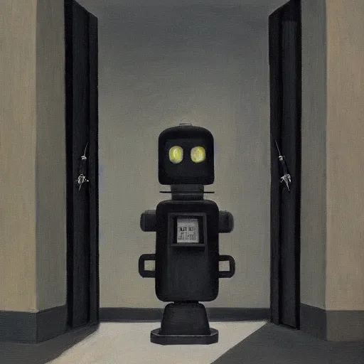 Prompt: robot bishop guards, human prisoners, brutalist prison ship, end times, grant wood, pj crook, edward hopper, oil on canvas