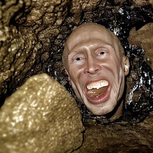 Image similar to photo inside a cavern of a wet reptilian humanoid putin with black eyes, open mouth and big teeth, partially hidden behind a rock