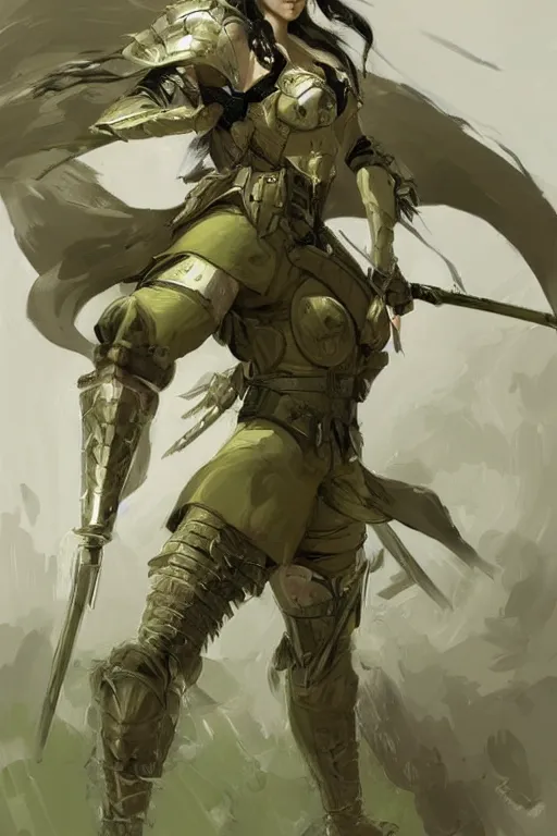 Image similar to a professional portrait of a young female warrior, clothed in military-style battle armor, olive skin, long dark hair, beautiful bone structure, symmetrical facial features, green eyes, intricate, elegant and graceful, digital painting, concept art, smooth, sharp focus, illustration, finely detailed, from Metal Gear by Ruan Jia and Mandy Jurgens and Artgerm and William-Adolphe Bouguerea, award winning art, trending on Artstation