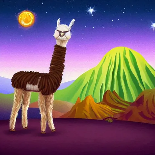 Prompt: llama with dreadlocks, desert, starfall in the night sky on background, hyperrealistic illustration