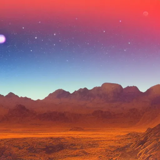 Image similar to A sunset on a distant planet with 5 suns, large mountains in the background, nebula in the sky, award-winning photograph, 8k