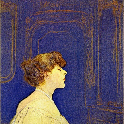 Prompt: a girl in a blue and gold ivory room, film still by goya, by henri de toulouse - lautrec, elegant drawing, digital painting, jugendstil, art noveau, strong lights, flat colors, pastel colors