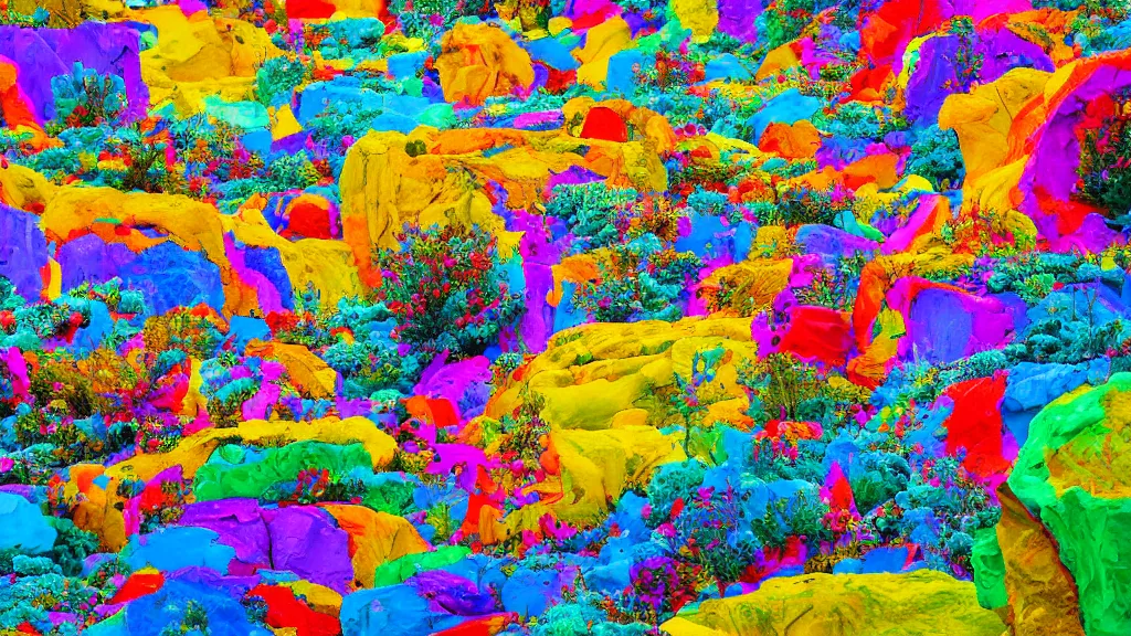 Image similar to a photograph of a crazy unexpected landscape, bright colors, detailed