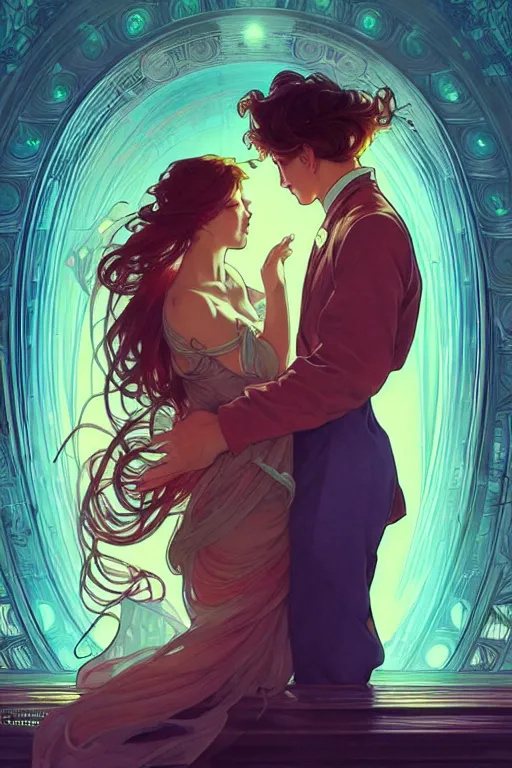 Prompt: a man and women in love, flowing book pages, romantic, glowing neon, infinite library, elegant intricate digital painting artstation concept art smooth sharp focus illustration, art by artgerm and alphonse mucha