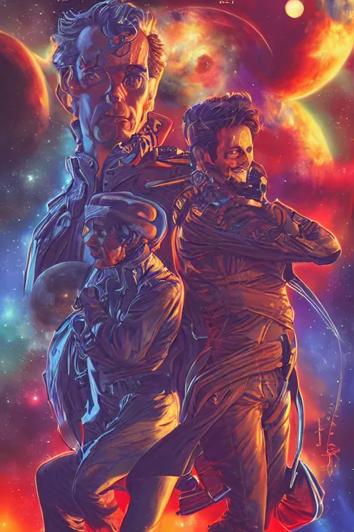 Prompt: Christopher Lloyd and David Tennant are space pirates, science fiction, retro cover, high details, intricate details, by vincent di fate, artgerm julie bell beeple, inking, screen print