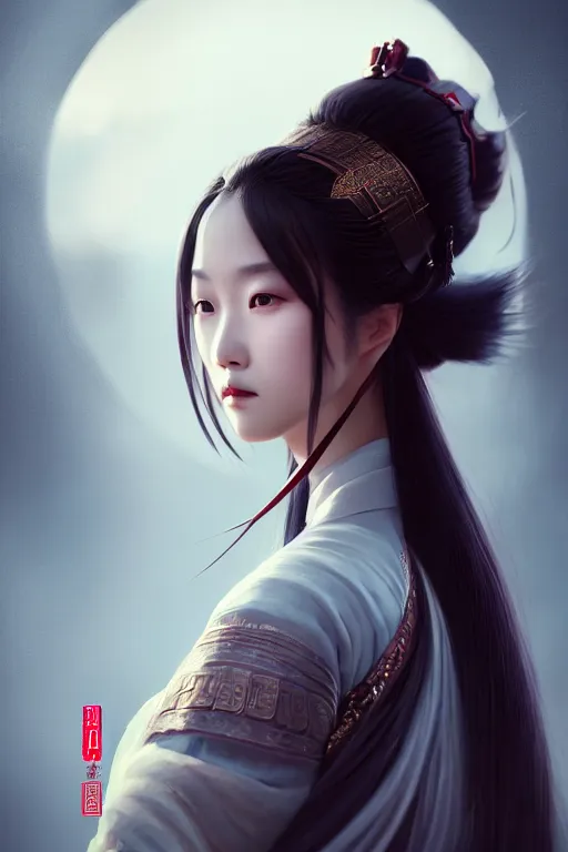 Prompt: a beautiful portrait of a wuxia heroine, vertical portrait, symmetrical face by by tian zi / wlop / ayanamikodon, artstation : 1. 7, trending on dynasty warrior, dramatic lights, rim lights, blur, bokeh, dof : - 1