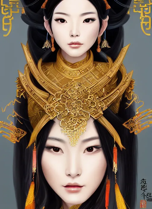 Prompt: chinese mythology, a beautiful chinese queen by huang guangjian, artgerm, ross tran, fenghua zhong, perfect body - shape, full - length portrait, symmetrical face, celestial being, fantasy elf armor, hyperreality, artstation, final fantasy, symmetrical, elite, luxury, morandi color scheme