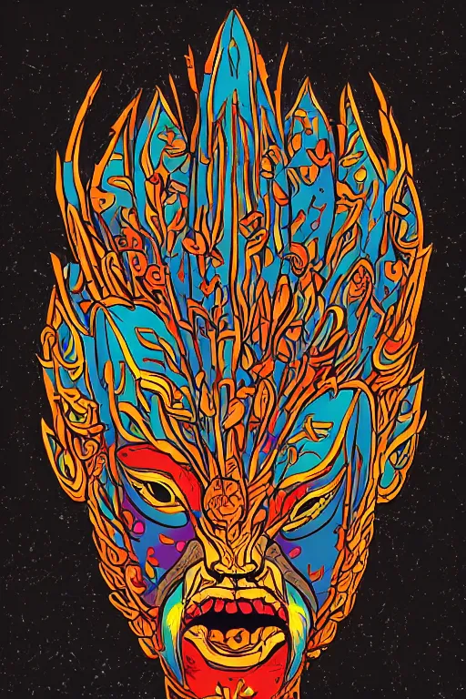 Image similar to animal mask totem roots flower tribal feather gemstone plant wood rock shaman vodoo video game vector cutout illustration vivid multicolor borderlands comics by josan gonzales and dan mumford radiating a glowing aura