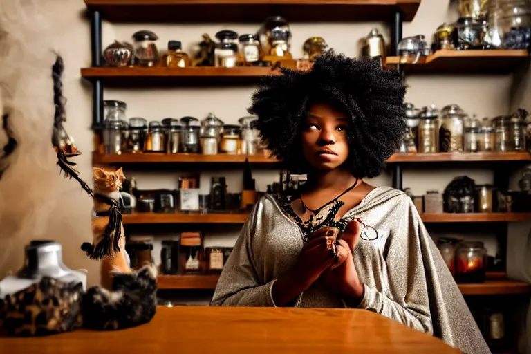 Prompt: 2 0 2 2 photo, close up portrait, dramatic lighting, concentration, calm confident african american teen witch and her cat, tarot cards displayed on the table in front of her, sage smoke, magic wand, a witch hat and cape, apothecary shelves in the background, alphonse mucha