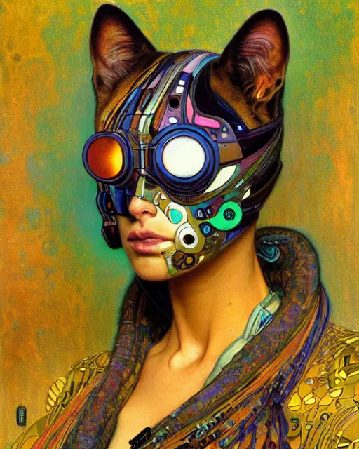 Prompt: cyberpunk cat portrait an oil painting splashes with many colors and shapes by gustav klimt greg rutkowski and alphonse mucha, polycount, generative art, psychedelic, fractalism, glitch art