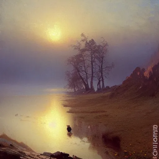 Image similar to an oil painting of a vivid apline tundra on a beautiful dawn by tuomas korpi carl spitzweg and greg rutkowski