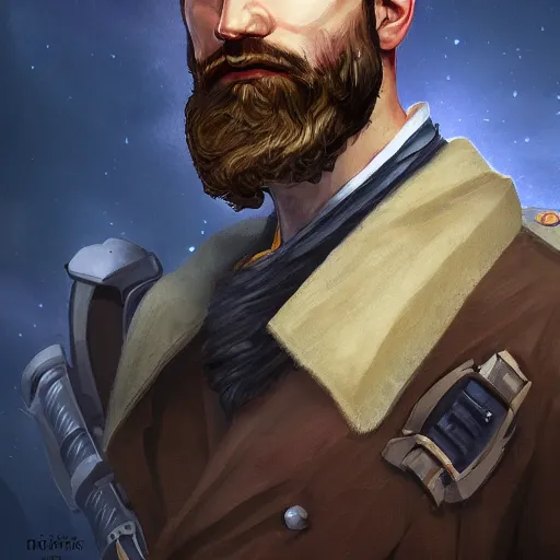 Image similar to portrait of a Germanic man with a beard and pilot’s suit, D&D, sci-fi, elegant, hopeful, muscular, highly detailed, digital painting, artstation, concept art, smooth, sharp focus, illustration