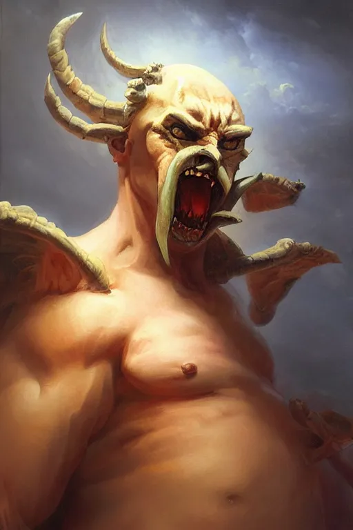 Image similar to oil painting of a pit lord demon, in style of ivan aivazovsky, expressive face, detailed face, detailed eyes, full body, feminine face, tracer overwatch,