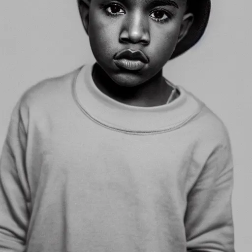 Image similar to the face of young kanye west wearing yeezy clothing at 1 1 years old, black and white portrait by julia cameron, chiaroscuro lighting, shallow depth of field, 8 0 mm, f 1. 8