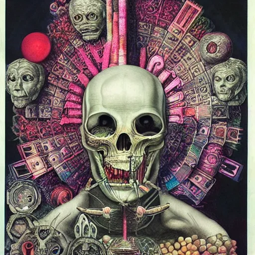 Image similar to new age album cover, asymmetrical design, dollar bank notes, capitalism, magic, apocalypse, psychedelic, black white pastel pink, slightly holographic, magic, giger h. r., giuseppe arcimboldo, highly detailed, intricate