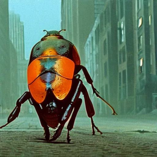 Prompt: a man awakens to find he has been transformed into a huge beetle hyperrealistic cinematic 3 5 mm