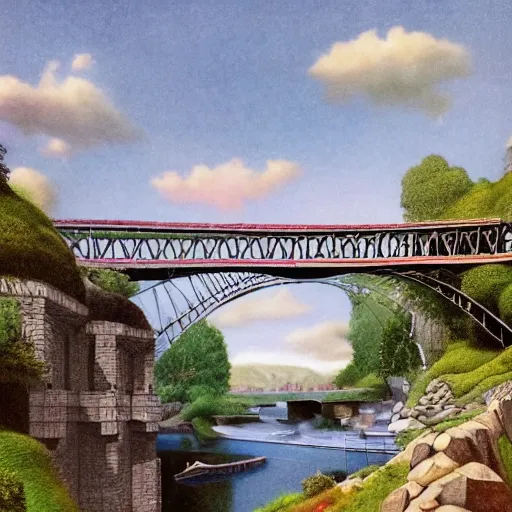 Prompt: a marvel of engineering, full color, realistic, escher, environmental, architectural, bridge, stonework, bright