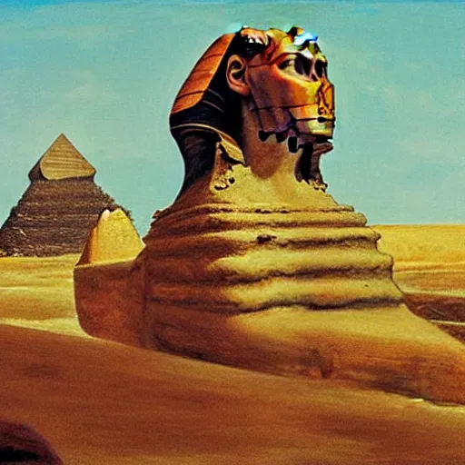 Image similar to the sphinx with the head of john cleese, young john cleese's head on the sphinx, painting by john martin