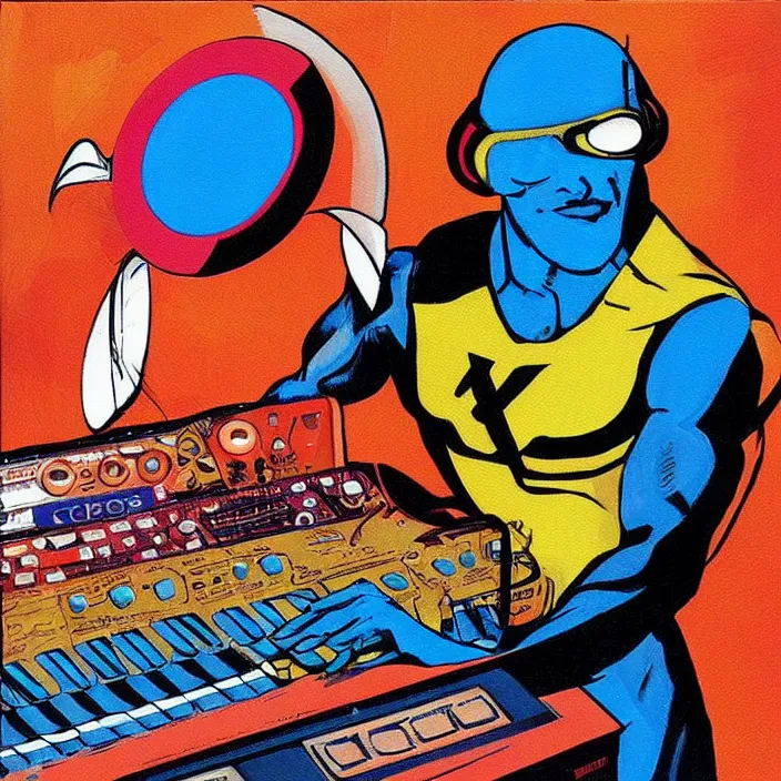 Image similar to cyclops (from x-men) playing an MPC 2000XL, colourful painting by Toni Toscani,