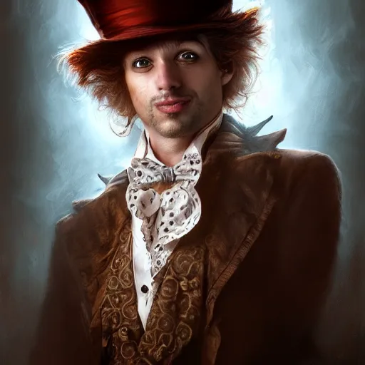 Prompt: The Madhatter, digital painting, lots of details, extremely detailed, 4k, intricate, brush strokes, Mark Arian, Artgerm, Bastien Lecouffe-Deharme