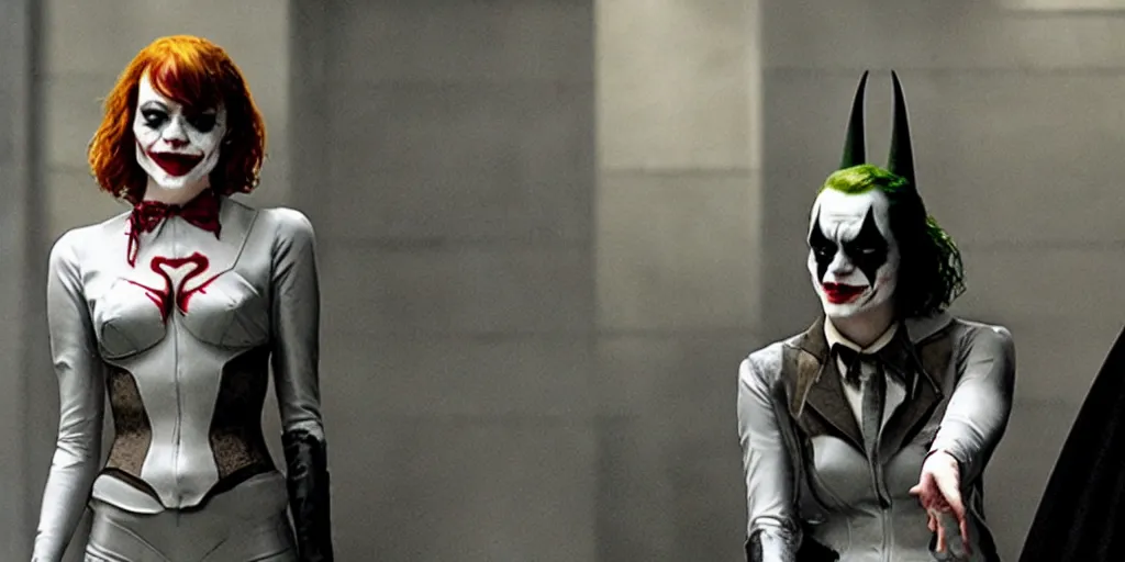 Prompt: a still from The Dark Knight with Emma Stone as the Joker