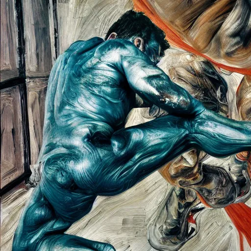 Image similar to high quality high detail painting by lucian freud and jenny saville, hd, parkour, turquoise