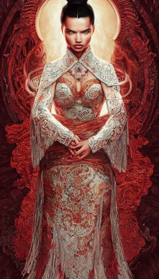 Image similar to adriana lima, traditional chinese clothing, fame of thrones, fibonacci, sweat drops, intricate fashion clothing, insane, intricate, highly detailed, surrealistic, digital painting, artstation, concept art, smooth, sharp focus, illustration, unreal engine 5, 8 k, art by artgerm and greg rutkowski and alphonse mucha