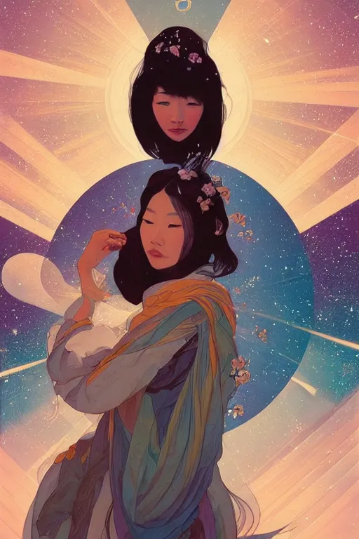 Image similar to edge of the universe, asian girl, space, stars, starship, digital art, smooth defined outlines, vector background, by brom, trending on artstation, alphonse mucha, tom bagshaw, sargent