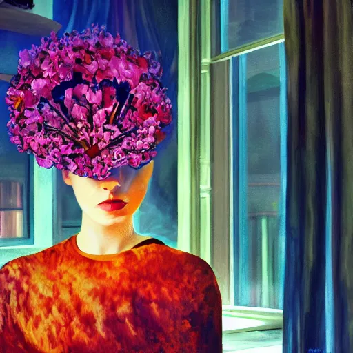 Image similar to giant flower under head, woman next to modern windows, luxury apartment, surreal photography, dramatic light, impressionist painting, digital painting, artstation, arthur adams