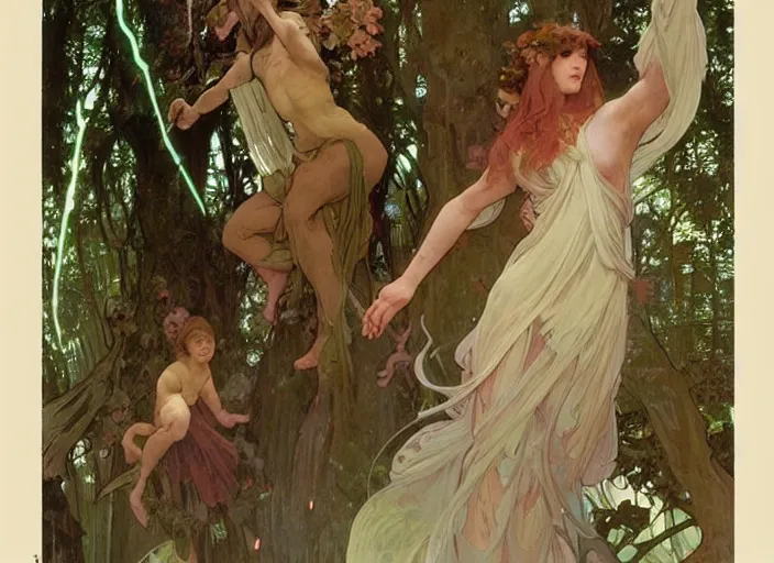 Prompt: will - o'- wisp forest, lush trees, a group of fairies dancing around a demon, magical, vivid colors, rule of thirds, a fantasy digital painting by alphonse mucha, by greg rutkowski, by john william waterhouse, by james gurney, trending on artstation, highly detailed, sharp lines