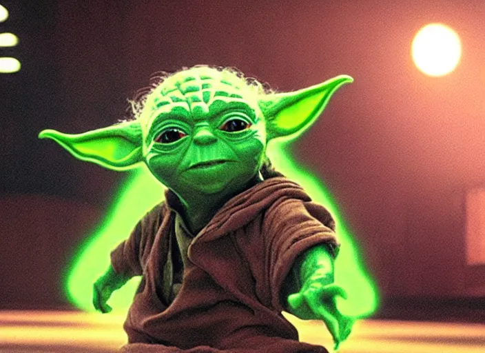 Prompt: film still of yoda goes bowling in the new Star Wars movie, 4k