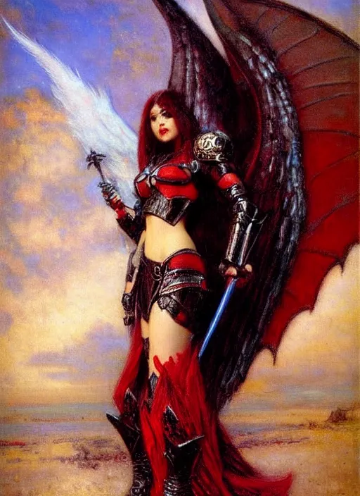 Image similar to angel knight gothic girl in dark and red dragon armor. by gaston bussiere