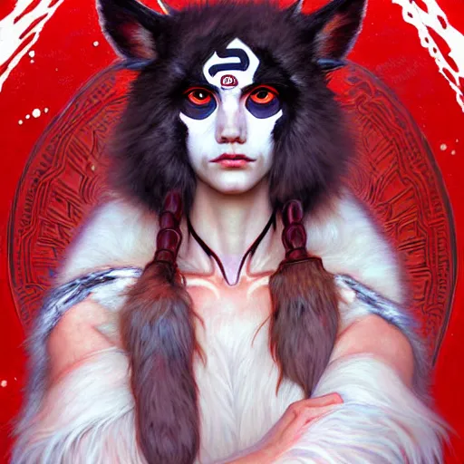 Image similar to Portrait of Princess Mononoke with red facepaint under her eyes, white fur, face, fantasy, intricate, elegant, highly detailed, digital painting, artstation, concept art, smooth, sharp focus, illustration, art by Fernanda Suarez and Artem Demura and alphonse mucha