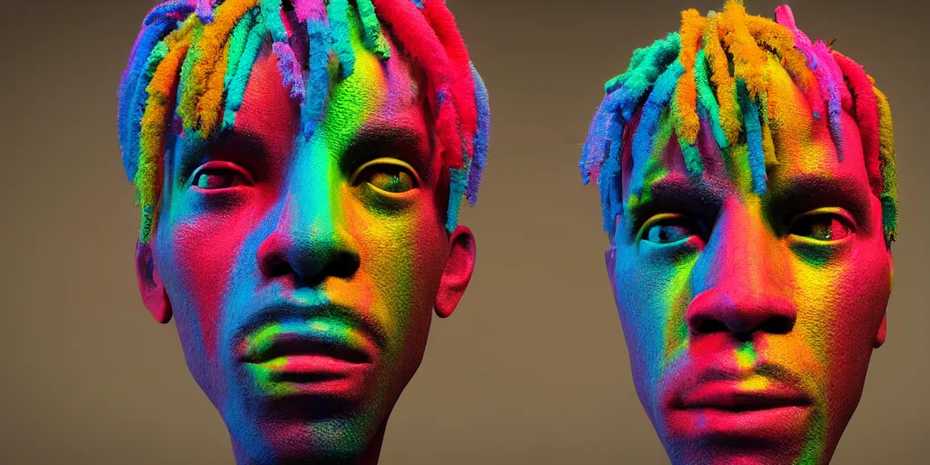 Image similar to a perfect bust of Jean-Michel Basquiat made out of rainbow ethereal pipe cleaners, 3D cinematic lighting, 90 degree spotlighting, photorealism, octane render, depth of field, 8k, 35mm, artgem, Trending on artstation