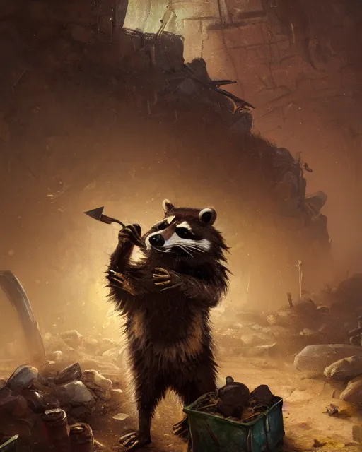 Prompt: oil painting of poor anthropomorphized raccoon miner mining gold, pickaxe, close shot, full body, dark steampunk mine shaft background, sad expression, dirty, sharp focus, fantasy style, octane render, volumetric lighting, 8k high definition, by greg rutkowski, highly detailed, trending on art Station, dungeons and dragons artwork, centered