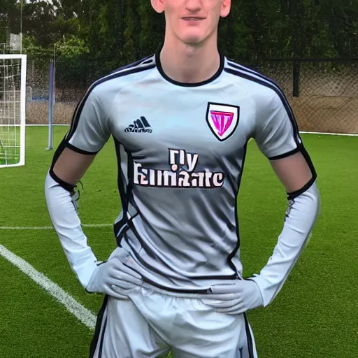 Image similar to a realistic detailed photo of a guy who is an attractive humanoid who is half robot and half humanoid, who is a male android, soccer player declan rice, shiny skin, posing like a statue, blank stare, by the pool, on display