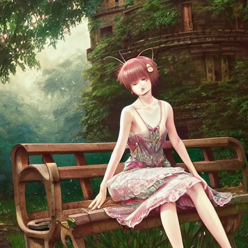 Image similar to beautiful young girl in intricate clothing, sitting on a bench of an overgrown abandoned castle, reflections, very high intricate details, painting, digital anime art, medium shot, mid - shot, wlop, ilya kuvshinov, artgerm, krenz cushart, greg rutkowski, sana takeda