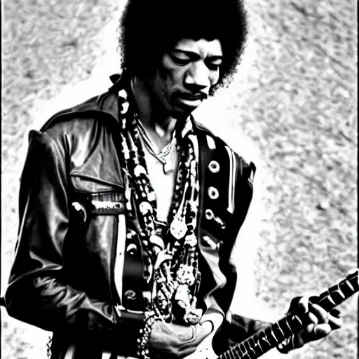 Image similar to HD digital photograph of Jimi Hendrix at Woodstock, ultra realistic, fun, caricature, powerful, iconic, love peace and unity, hippy, flower power