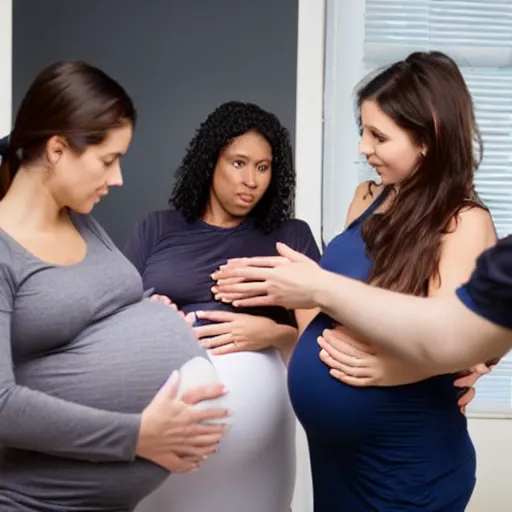 Prompt: group of pregnant woman standing around talking about birth