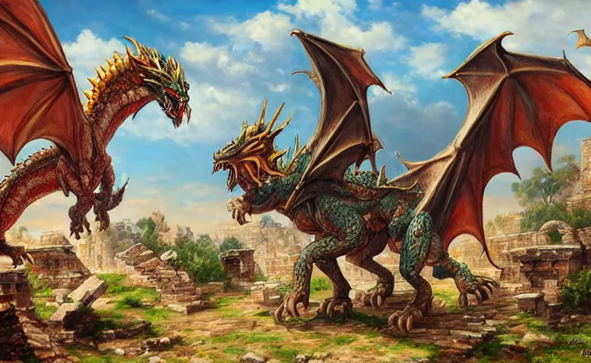 Prompt: Colossal dragon on ancient ruins. By Konstantin Razumov, highly detailded