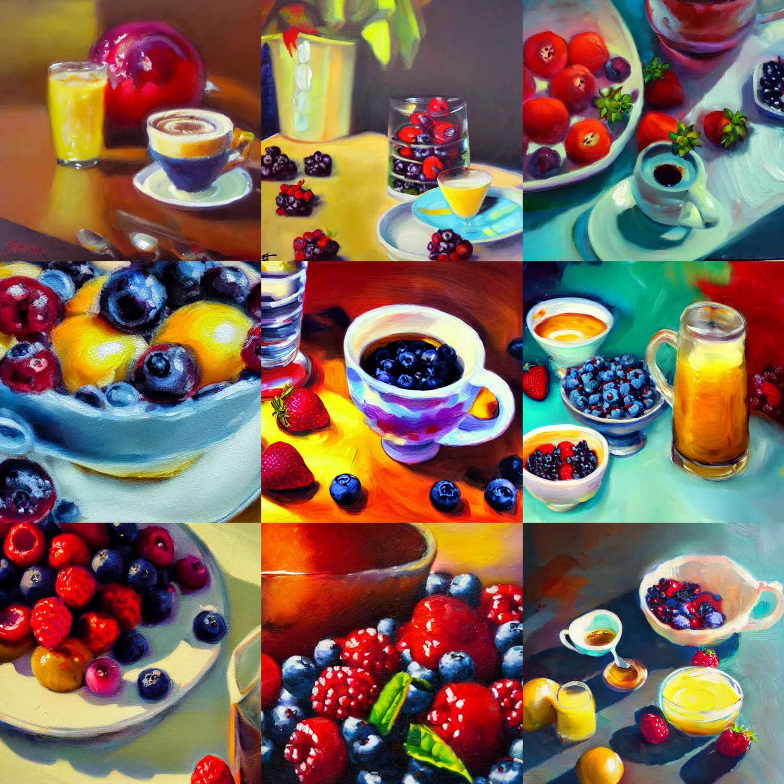 Prompt: breakfast with berries and coffee, oil painting, glassware, thick strokes, vibrant, colorful, reflections, subsurface scattering, sharp edges, hazy, closeup