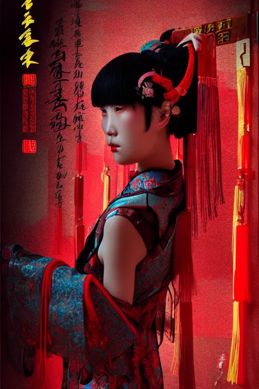 Prompt: poster style, ancient chinese beautiful woman, weak, cyberpunk, by dream of the red chamber