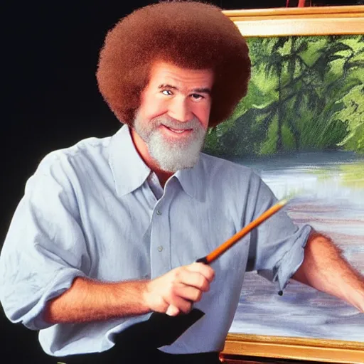 Prompt: a painting of bob ross painting a painting of bob ross holding a paintbrush, high quality, very detailed, artwork