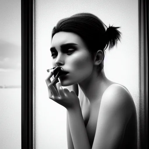 Image similar to black and white photography of highly detailed beautiful depressed Woman with detailed face in the heroine chique style standing by the window and smoking a cigarette with beautiful hand Rendered in Blender and Octane Render volumetric natural light