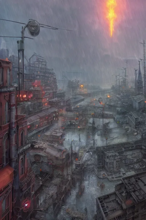 Image similar to a highly detailed matte painting of a soviet steampunk industrial zone in lightning storm and heavy rain by studio ghibli, makoto shinkai, by artgerm, by wlop, by greg rutkowski, volumetric lighting, octane render, 4 k resolution, trending on artstation, masterpiece