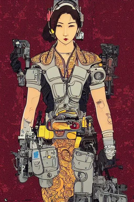 Image similar to beautiful cyborg police portrait girl female illustration detailed patterns art of thai traditional dress, pop art, splash painting, art by geof darrow, ashley wood, alphonse mucha, makoto shinkai