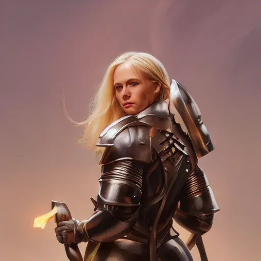 Image similar to painting of a female blonde in a knights armor tied up, full view, popular on artstation, artstationhd, artstationhq 8 k, volumetric lighting, super focused, no blur, trending on artstation, ultra detailed, by artgerm and james gurney, greg rutkowski,